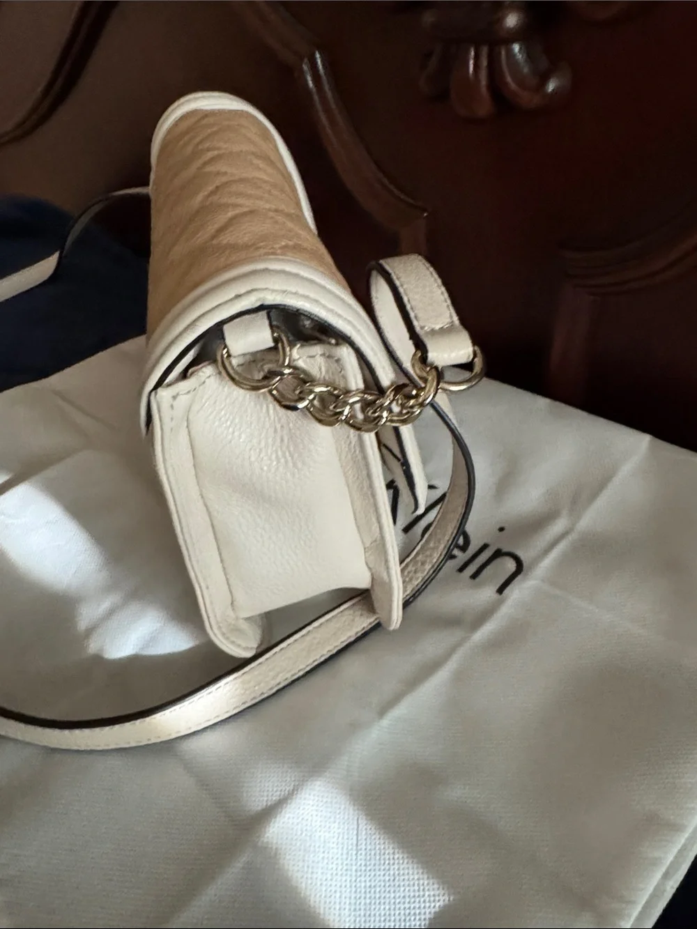 Calvin Klein Cream and Tan Quilted Flap Crossbody